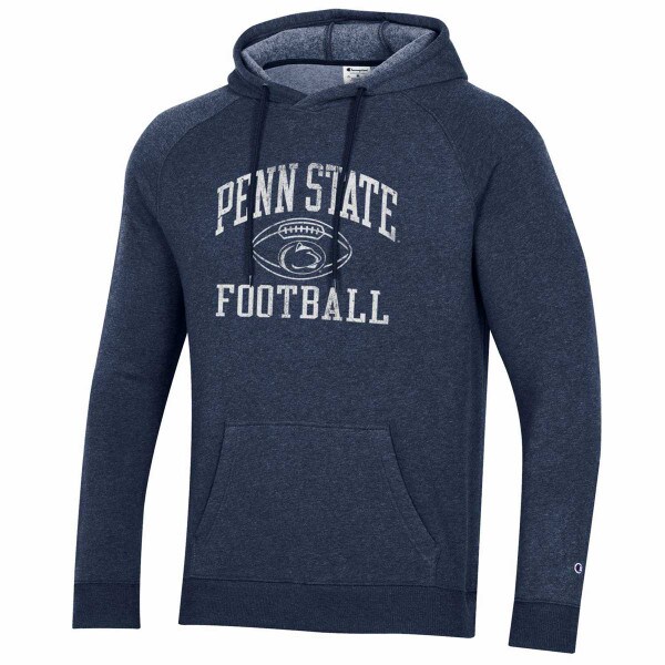 navy hooded sweatshirt with screened distressed Penn State Football, Athletic Logo, and football graphic
